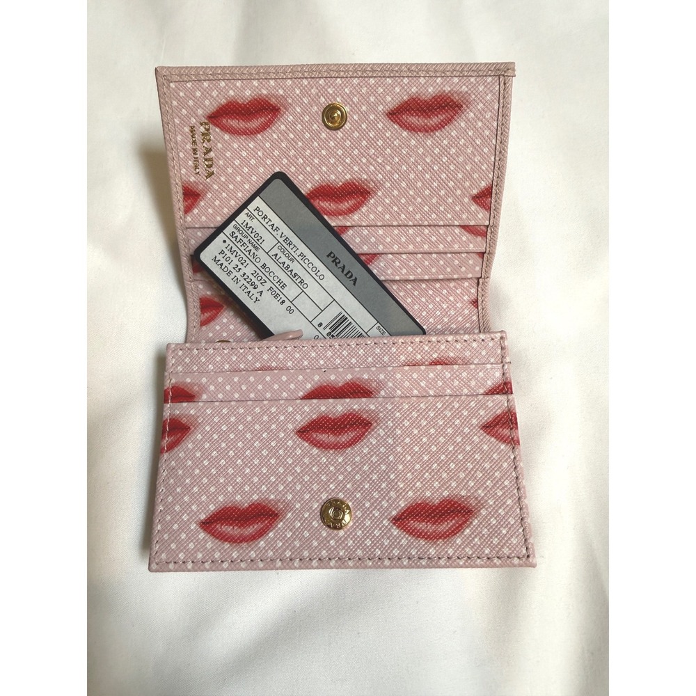 Prada Pink Saffiano Leather Wallet Red Bocche Lip Print NWT + Box + Reg - Picture 15 of 16